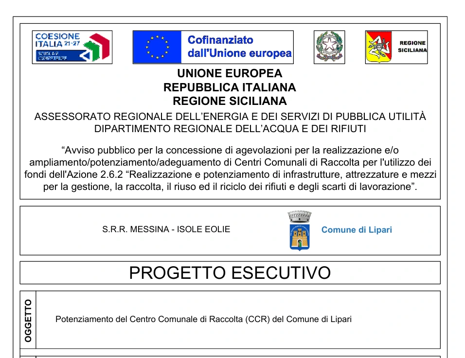 Copertina del progetto esecutivo per il potenziamento del Centro Comunale di Raccolta di Canneto, predisposto nell'ambito dell'Azione 2.6.2 del PR FESR Sicilia 2021-2027.